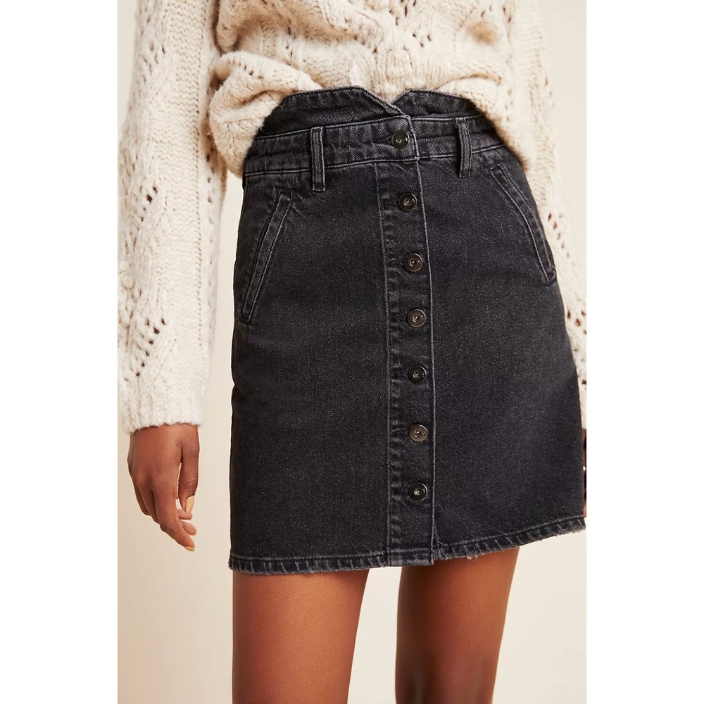 Pilcro and the Letterpress Anthropologie Black Denim Button Front Mini Skirt 4